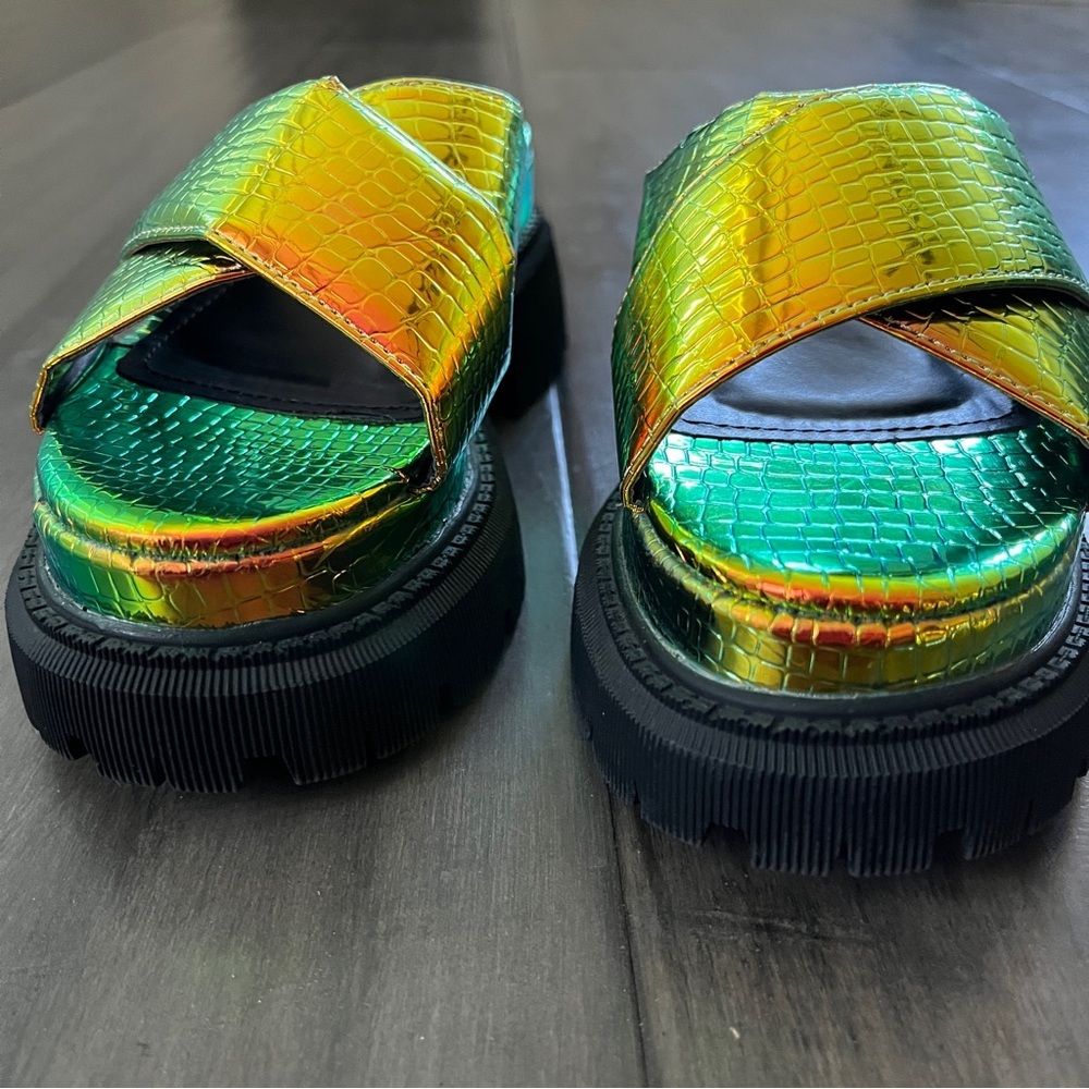 Dolls Kill Iridescent Croc Criss Cross Platform Sandals - Size 6 - Picture 4 of 13